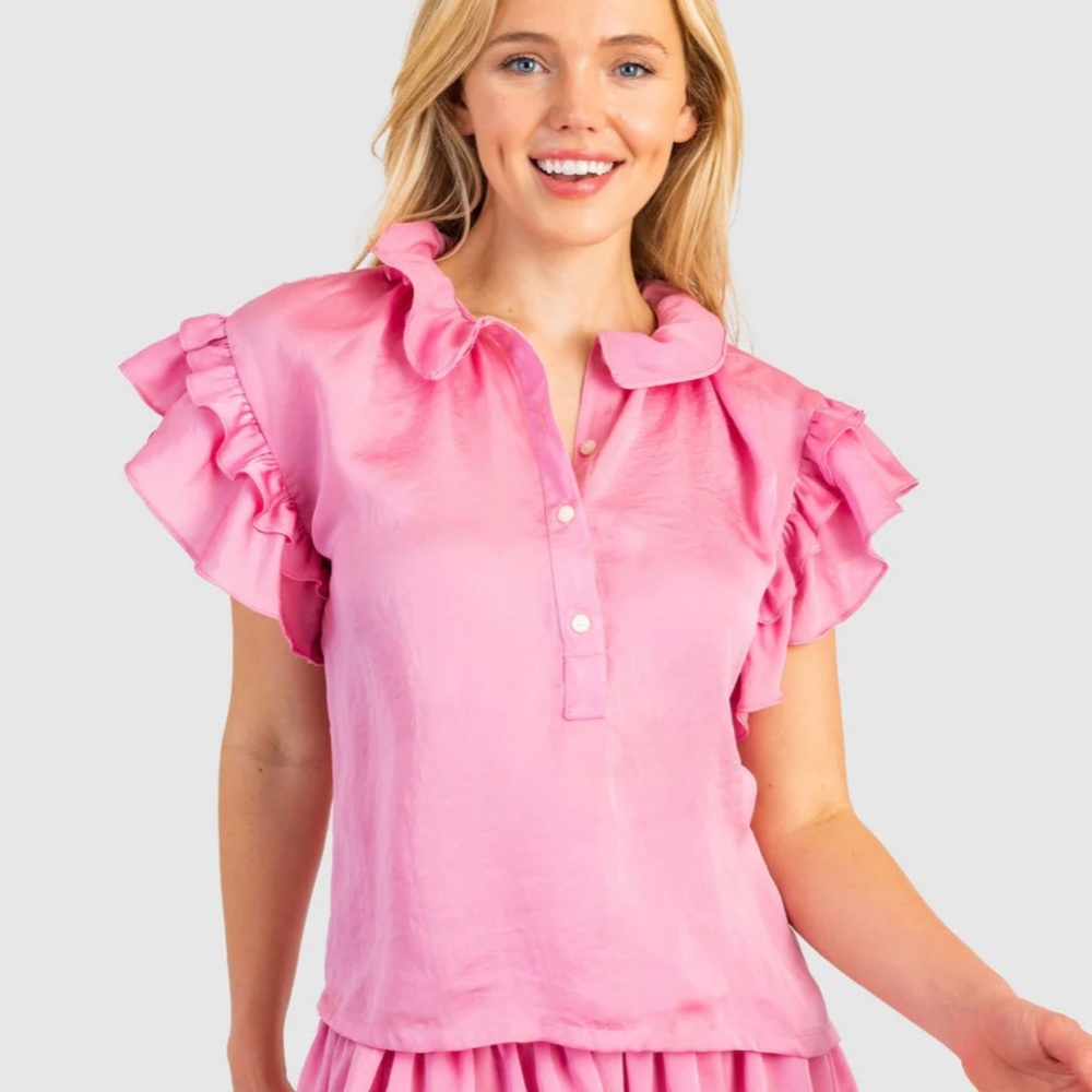 KOCH Bubble Gum Pink Pixie Top Ruffled Sleeve Size Large
